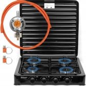 KUCHENKA GAZOWA 4 PALNIKI ŻELIWO PRZENOŚNA CZARNA + WĄŻ REDUKTOR