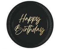 Talerzyki papierowe czarne Happy Birthday, 23 cm 8 szt.