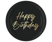 Talerzyki papierowe czarne Happy Birthday, 23 cm 8 szt.