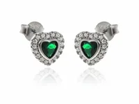 RODOWANE SREBRNE KOLCZYKI SERCA WKRĘTKI SZMARAGD BIAŁE CYRKONIE