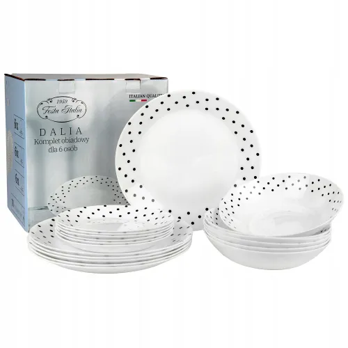 SERWIS OBIADOWY 18 ELEM DLA 6 OSÓB KPL TALERZY ZE ZDOBIENIEM W KROPKI SZKŁO na Arena.pl