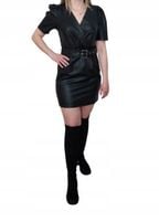 Czarna Kopertowa Krótka Sukienka Z Imitacji Skóry Z Paskiem S 36