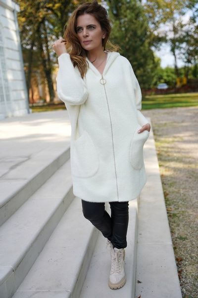 PRZEJŚCIOWY PŁASZCZ z alpaki Z KAPTUREM na suwak KOLOR BIAŁY r. oversize zdjęcie 12