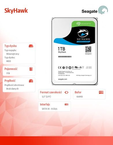 Seagate SkyHawk 1TB 3,5'' 64MB ST1000VX005 na Arena.pl