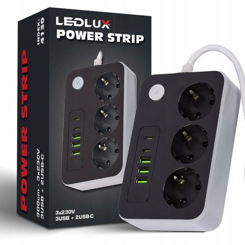 Przedłużacz Listwa zasilająca 3 metry 3 gniazda 5x ładowarka USB USB-C na Arena.pl