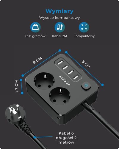 Voomy S2 6-w-1 Listwa Zasilająca: 2x Gniazda, 4x USB 3.1A, 4000W, 2m Kabel na Arena.pl