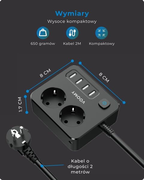 Voomy S2 6-w-1 Listwa Zasilająca: 2x Gniazda, 4x USB 3.1A, 4000W, 2m Kabel zdjęcie 7