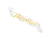 Szarfa urodzinowa, "18 urodziny", biała z nadrukiem złotym, 160 cm