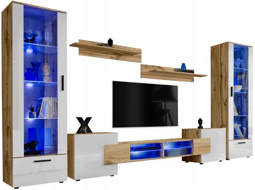 Pan Igiełka Meblościanka Blue LED  Czarny Biały Dąb Wotan 5 Elementów Salon na Arena.pl