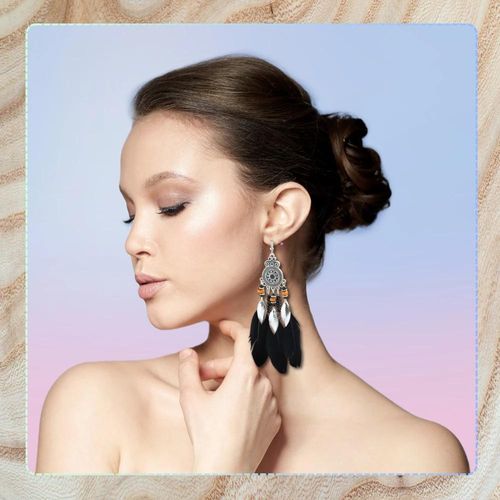 Kolczyki etniczne długie boho wiszące pióra czarne na Arena.pl