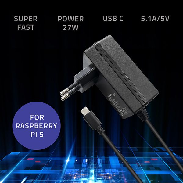 Qoltec Ładowarka Super FAST PD do Raspberry PI 5 USB-C 27W 5.1V 5A Czarna zdjęcie 3