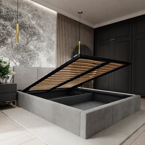 ŁÓŻKO TAPICEROWANE DO SYPIALNI 140x200 ŁÓŻKO PODWÓJNE Z POJEMNIKIEM na Arena.pl