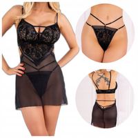 Koszulka nocna z koronką Czarna Prześwitująca Skąpe stringi L/XL