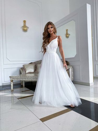 Ilona BIAŁA DŁUGA SUKIENKA z GIPIURĄ ślubna M na Arena.pl