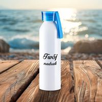 Biały bidon 650 ml z Twoim nadrukiem z niebieską nakrętką