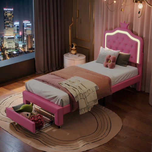 Łóżko tapicerowane dla dziecka 90x200 cm różowe z LED na Arena.pl