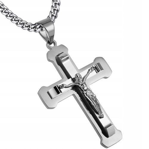 Naszyjnik srebrny duży krzyż krzyżyk Jezus stal szlachetna 316L 50 cm na Arena.pl