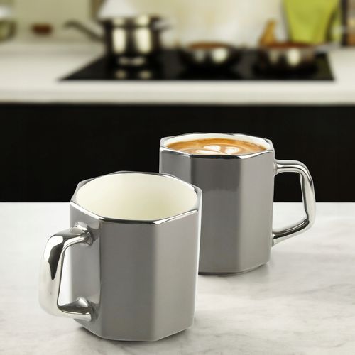 PORCELANOWY KUBEK NA KAWĘ HERBATĘ CIEMNY SZARY Z SREBRNYM UCHEM 370 ML na Arena.pl