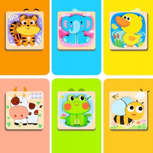 UKŁADANKA DREWNIANA KLOCKI PUZZLE ZWIERZĄTKA MONTESSORI 6SZT na Arena.pl