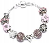Bransoletka Modułowa Charms Beads Srebrna Różowa