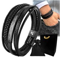 Bransoletka męska z GRAWEREM skórzana czarna STAL 316 prezent GRAWER GRATIS