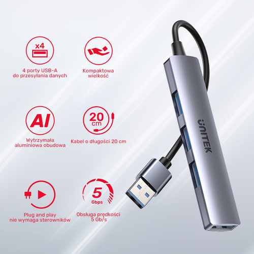 Unitek Hub USB-A 1*USB-A 5 Gbps, 3*USB-A 2.0 alu na Arena.pl