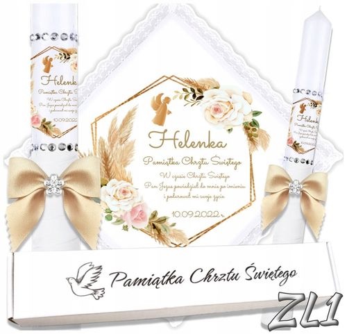 Biała szatka i świeca do chrztu ECO imię i data BOHO gromnica pudełko na Arena.pl