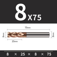 Frez TiSiN 4 ostrza Z-4 do stali nierdzewnej do 55HRC Rozmiar: Ø8x25x8Dx75L