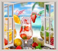FOTOTAPETA 3D OKNO drinki widok na ocean owoce