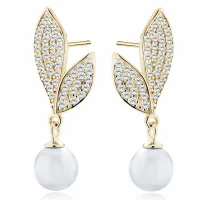 WISZĄCE POZŁACANE SREBRNE KOLCZYKI LISTKI LIŚCIE BIAŁE CYRKONIE PEREŁKI