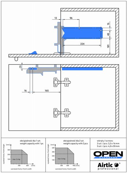 Podnośnik do klap barków Airtic Open, Obustronny, Cichy domyk, Standard, Szary zdjęcie 3