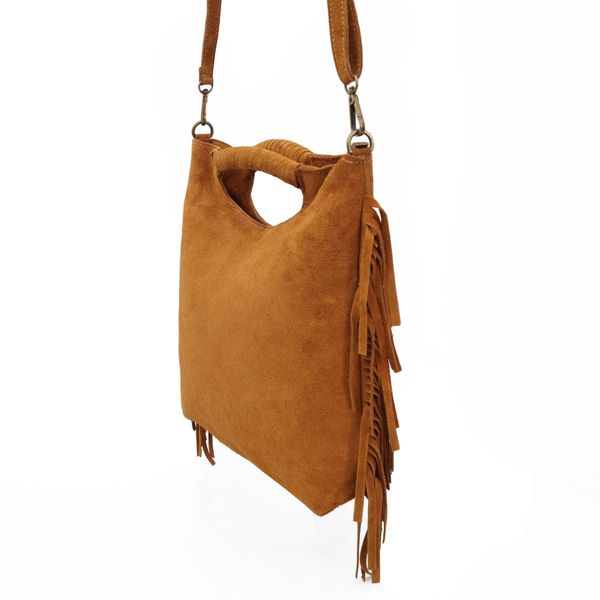 VERA PELLE torebka zamszowa listonoszka boho z frędzlami V406 brązowa zdjęcie 7