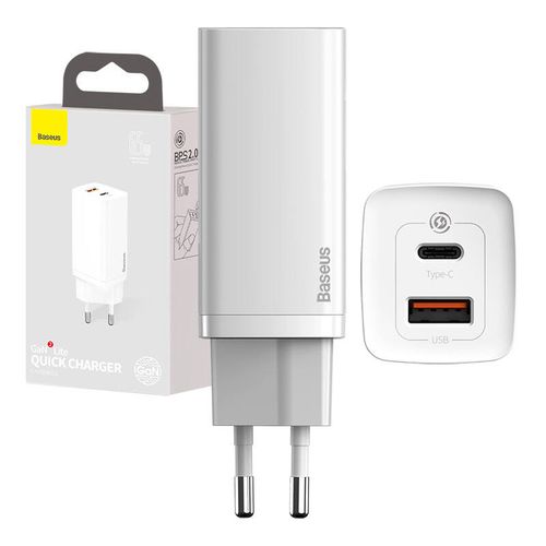 Ładowarka sieciowa Baseus GaN2 Lite, USB + USB-C, 65W, EU (biała) na Arena.pl