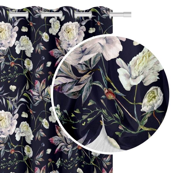 Zasłona gotowa na przelotkach PEONY 140x250 czarna kwiaty peonii zdjęcie 1