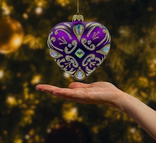Bombka choinkowa szklaSerce ze złotymi zdobieniami i kryształami: purpurowe na Arena.pl