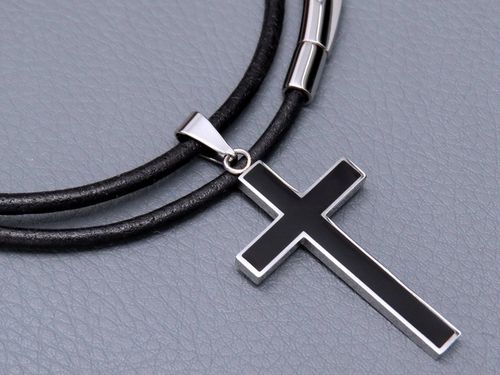 GRUBY RZEMIEŃ RZEMYK NA SZYJĘ Z KRZYŻYKIEM ZESTAW STAL CHIRURGICZNA + SKÓRA na Arena.pl