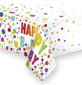 Obrus papierowy urodzinowy kropki Happy B'day Birthday, 120 x 180 cm