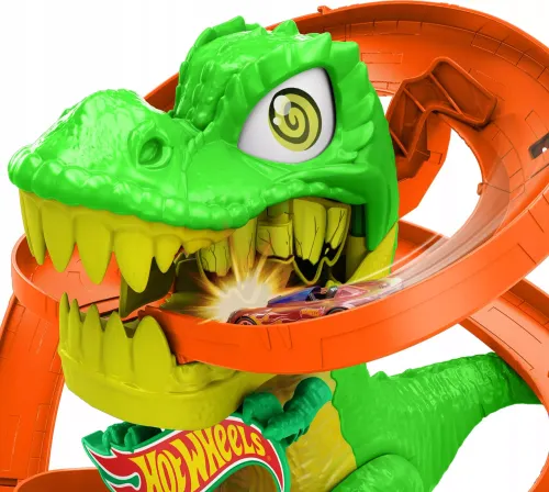 Zabawka dla dziecka - zakręcony tor z autem Hot Wheels City Remiza T-Rexa na Arena.pl