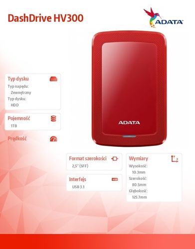 Adata DashDrive HV300 1TB 2.5 USB3.1 Czerwony na Arena.pl