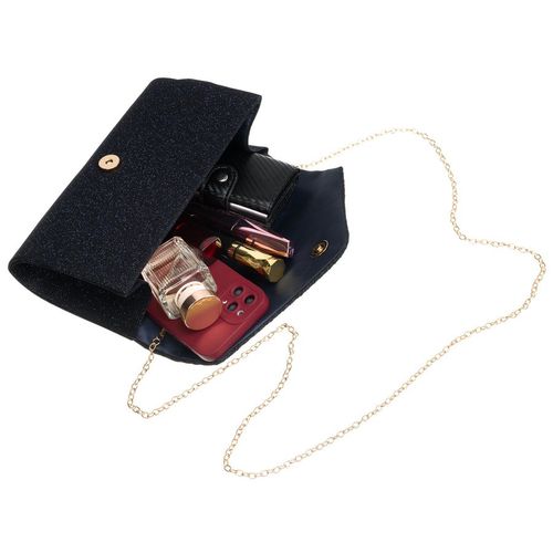 brokatowa kopertówka damska w granatowym kolorze zawieszona na łańcuszku na Arena.pl