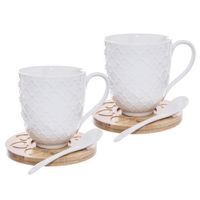 2x Kubek Porcelanowy Podkładka Bambusowa Łyżeczki do Kawy Herbaty Zestaw