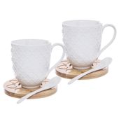 2x Kubek Porcelanowy Podkładka Bambusowa Łyżeczki do Kawy Herbaty Zestaw