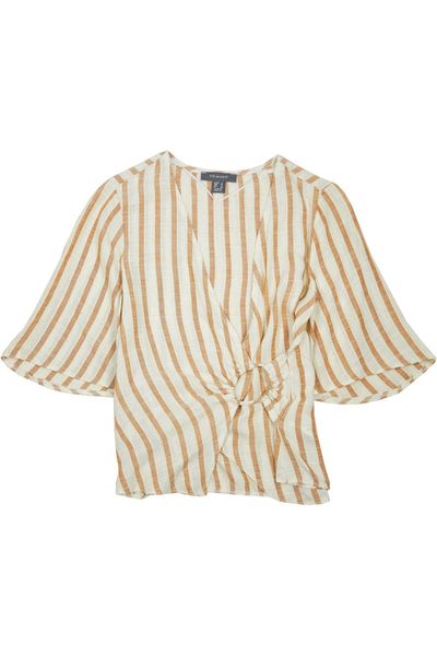 Primark Bluzka z Dodatkiem Lnu w Beżowo-Brązowe Paski  - 42 / XL zdjęcie 3