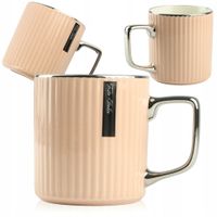 PORCELANOWY KUBEK NA KAWĘ HERBATĘ RÓŻOWY ZDOBIONY ZE SREBRNYM UCHEM 370ML