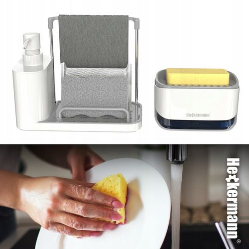 DOZOWNIK NA PŁYN DO MYCIA NACZYŃ MYDŁA POJEMNIK + GĄBKA ORGANIZER DO KUCHNI na Arena.pl