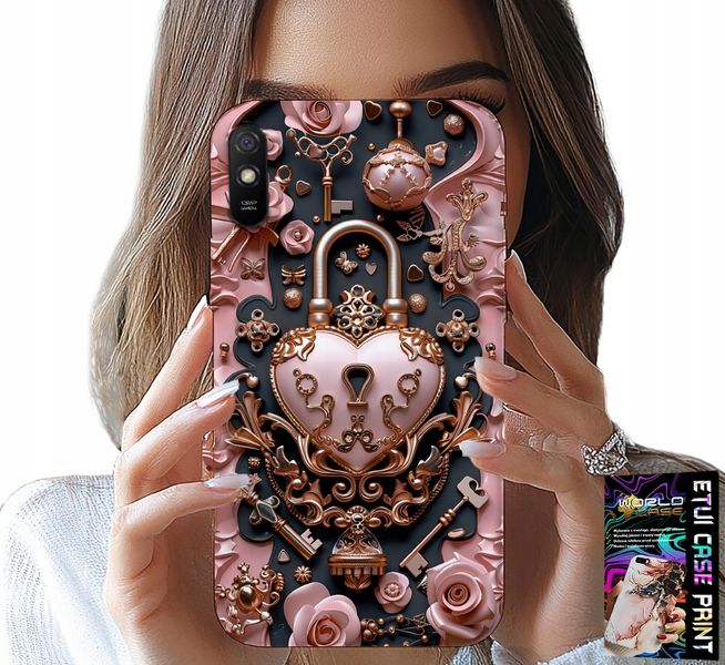 ETUI DO XIAOMI REDMI 9A - KOBIECE, MODNE WZORY, KŁÓDKA SERCE RÓŻA zdjęcie 1