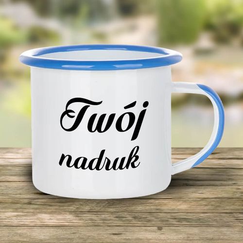 Kubek metalowy, emaliowany 360 ml z niebieskim uszkiem i rantem z Twoim nadrukiem na Arena.pl