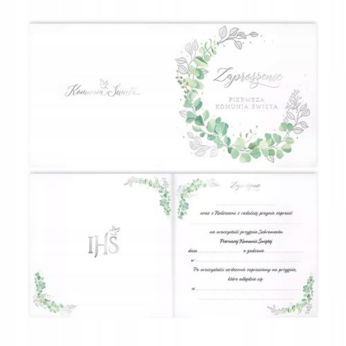 ZAPROSZENIA NA KOMUNIE komunijne + KOPERTY białe eukaliptus dla gości 10szt na Arena.pl