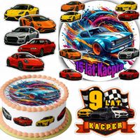 ZESTAW OPŁATEK NA TORT 20CM + 16 POSTACI - AUTA WYŚCIGOWE + IMIĘ 15CM 18CM