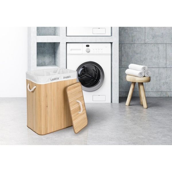 Kosz wolnostojący bambusowy z pokrywą na pranie 2 komory 100l POJ07 zdjęcie 7
